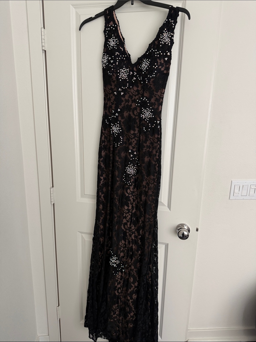 Jovani Black Lace Maxi Dress with Sequin Embellishments